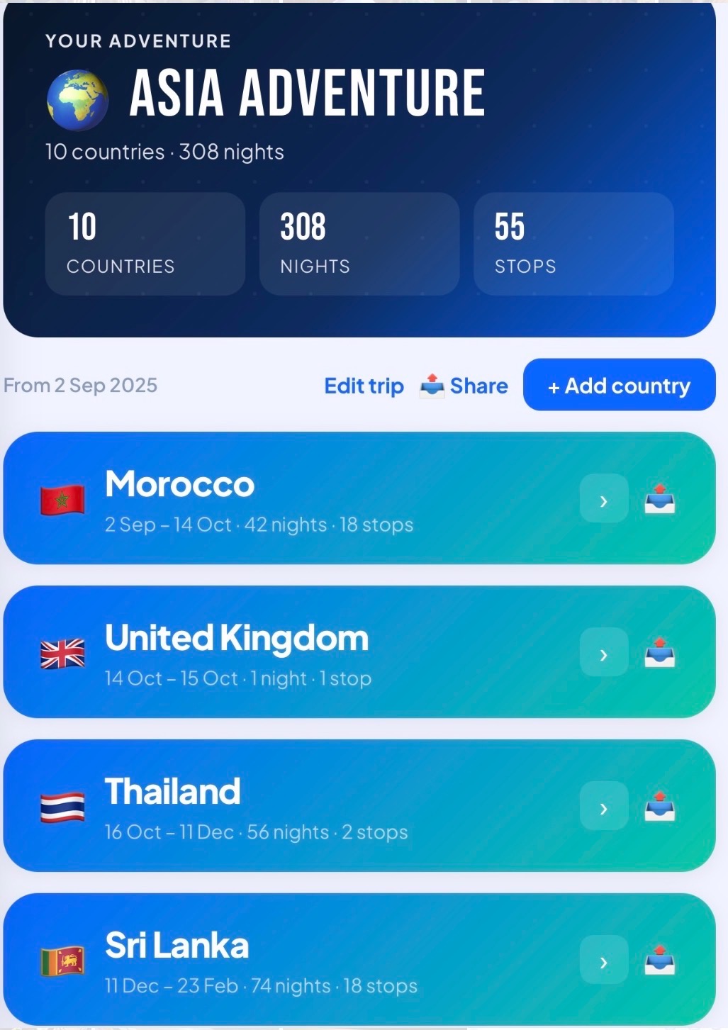 The trip overview in WayStaq, showing the route and stops across Asia, with specifics blurred